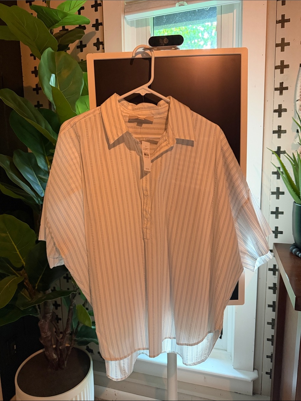 LOFT Cream and Blue Striped Short-Sleeve Seersucker Button-Down Tunic Shirt